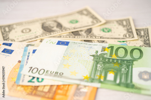 US dollar and Euro banknotes background; Banking Account, Investment Analytic research data economy, trading, Business company concept.