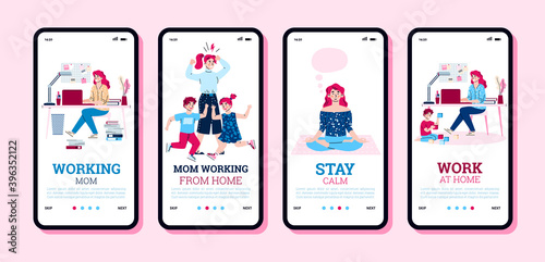 Onboarding screen interface set for working mom with children, cartoon vector illustration. Application pages kit for freelancing women working at home.