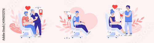 Blood donate banner. Donors volunteers sitting in medical chairs in hospital and giving blood. Concept of health care, world blood day. Vector illustration.