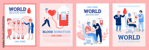 World blood day. Design of posters with characters donors sitting in a medical chairs and donations blood for hospital or blood bank. Health care concept. Vector flat illustrations