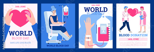 A set of poster with concept world blood day. Donors volunteer sitting in a medical chairs in hospital donate blood for save health and life people. Vector flat illustrations.