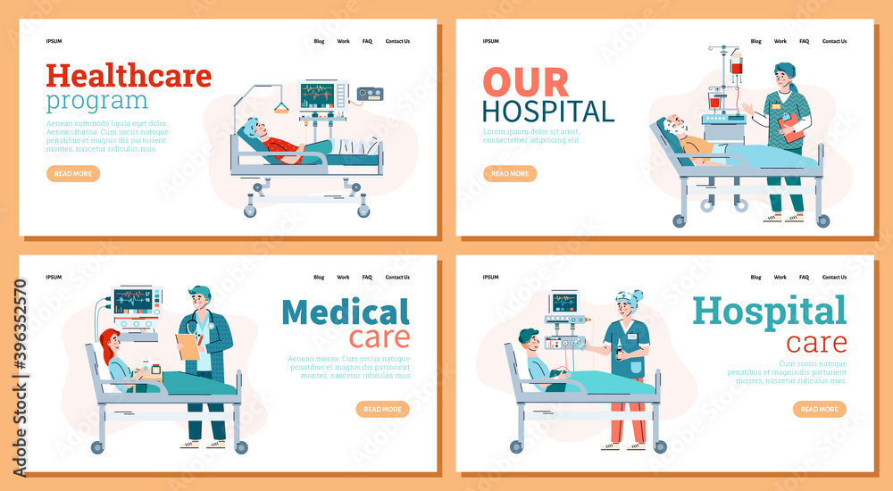 Medical banner set - cartoon doctor and patient at hospital bed. Healthcare clinic website template collection, flat vector illustration collection.