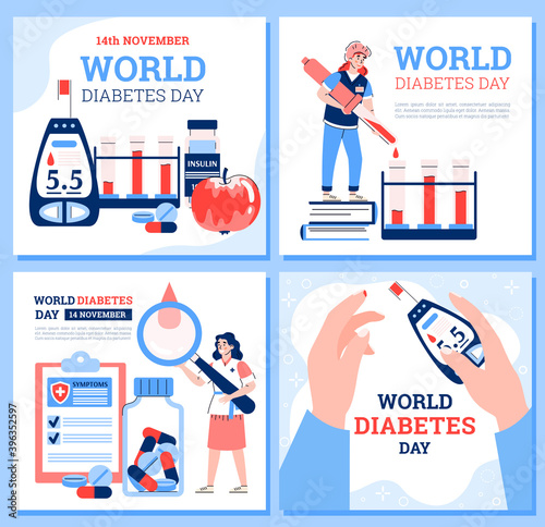 World diabetes day - medical poster set with health care equipment for disease awareness campaign. Cartoon flat vector illustration with diagnosis tools and pills.