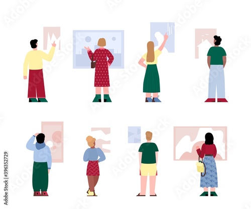 Back view of people standing in picture gallery exhibition - isolated set of cartoon men and women from behind looking at art or touching touch screen. Vector illustration