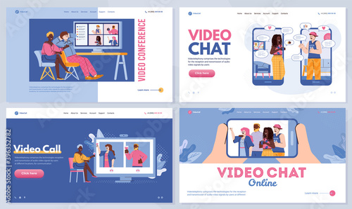 Video chat with family or friends, remote communication for people far away or during quarantine. Online conference, call and messaging via internet. Set of landing page templates.