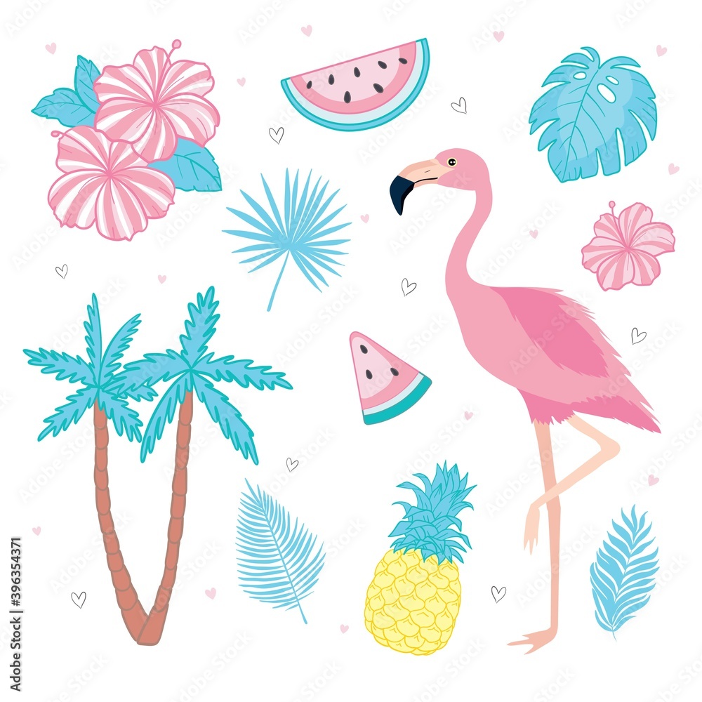 Naklejka premium Set of tropical leaves, cute summer icons, watermelon bird Flamingo, tropical flowers and pineapple