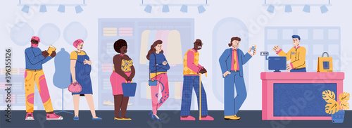 People characters standing in queue to cashier counter, flat cartoon vector illustration. Different men and women waiting in line for service in cloth store.