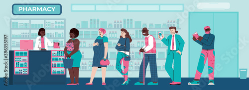 People standing in line at pharmacy, cartoon flat vector illustration. Pharmacy interior with cartoon characters of customers waiting for service and choosing medicines.