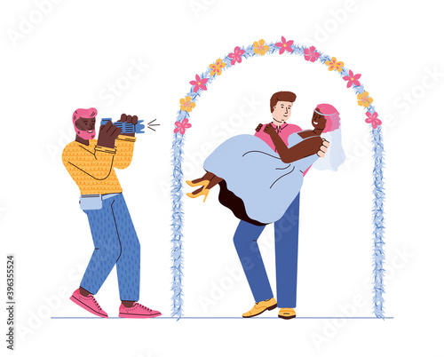 Professional wedding photographer with digital camera takes pictures of groom holding bride in arms. Photo shoot for happy newly married couple posing to photographer. Vector.