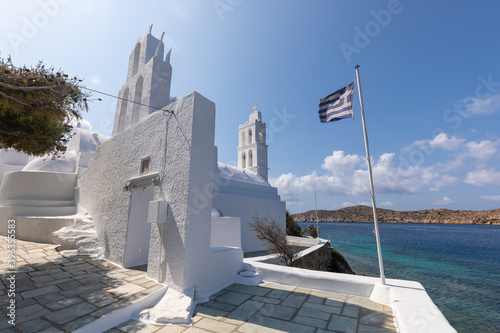 View of the Agia Irini, Saint Irene, Greek Orthodox church, Chora, Ios Island, Greece. photo