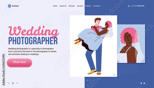 Vector design of web site for professional wedding photographer. Pictures of happy groom and bride. Photo shoot by digital camera for newly married couple posing to photographer.