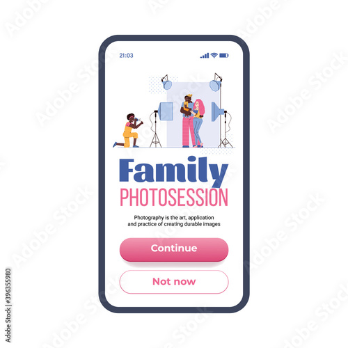 Onboarding mobile page template for family photo session with cartoon characters, flat vector illustration. Mobile app screen for professional photo shooting offer.