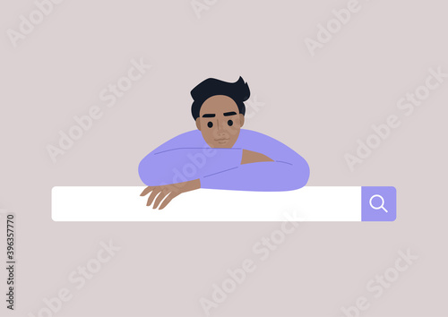 Search engine tool, a portrait of a male internet user leaning on the searching bar