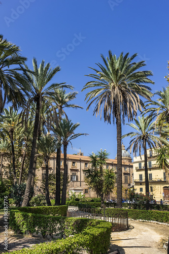 Park Villa near Cathedral of Palermo - 30,000 m2 Public Park founded in second half of XIX century. Park Villa characteristic are lush palm trees. Palermo, Sicily, Italy.