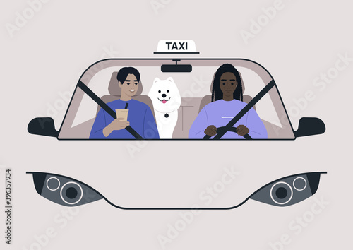 A front view of a taxi cab, a driver and a passenger on a front seat with a dog on a backseat, urban lifestyle