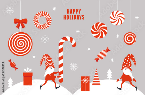 Cute Gnomes and Christmas festive design elements, candy cane, sweets, gifts. Red, grey and white color