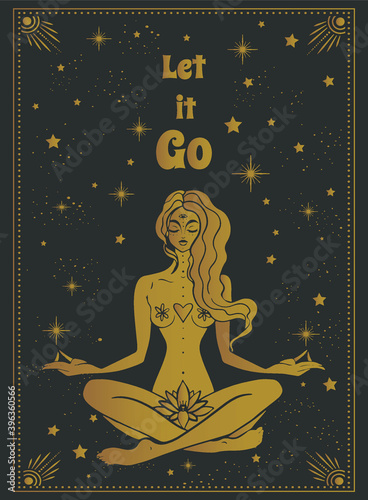 girl in lotus pose among the stars, tarot cards, sacred, calm, let it go, motivational slogan