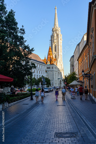 Andras Hess Street in Budapest, Hungary. Going up Andras Hess Street in the direction of the Church of Our Lady of the Assumption of Budavár. The street is reserved for pedestrian traffic. photo