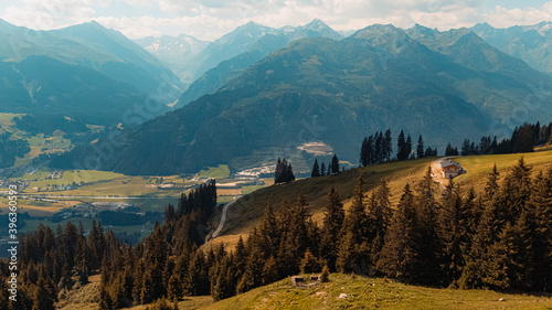 Beautiful alpine summer view with the Hohe Tauern mountains at the famous Panoramabahn Kitzbueheler Alpen, Salzburg, Austria photo