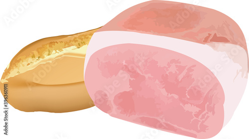 piece of cooked ham with loaf of bread