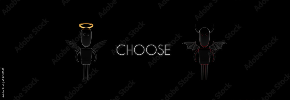 Angel and devil funny character. Choose good or bad concept on black background 3d render 3d illustration