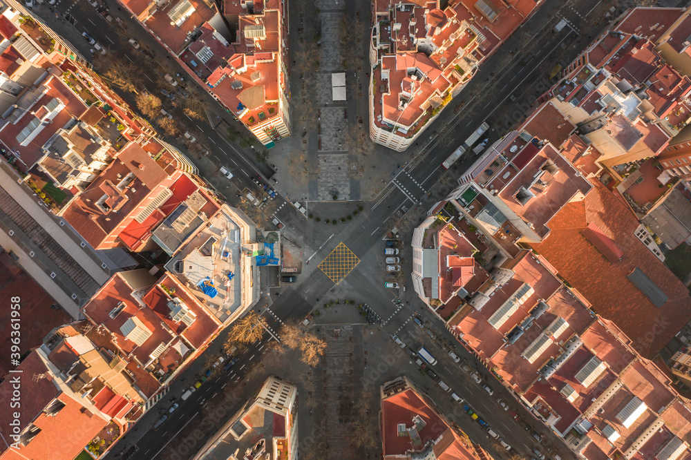 Aerial overhead drone photo of crossroad near St Paul in Barcelona in morning