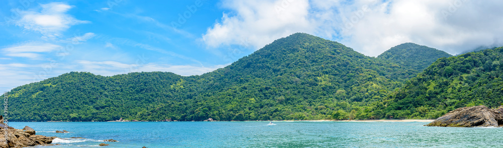 Panoramic photograph of the sea, beaches, mountains and forests of Trindade on the south coast of the state of Rio de Janeiro, Brazil