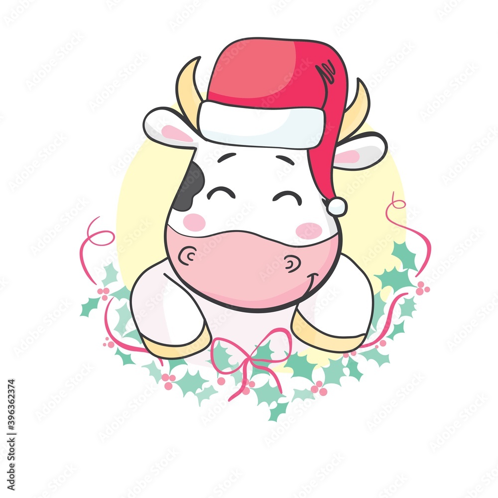 Fototapeta premium Cute bull wearing Santa Claus hat symbol of 2021 chinese new year, illustration for christmas card.