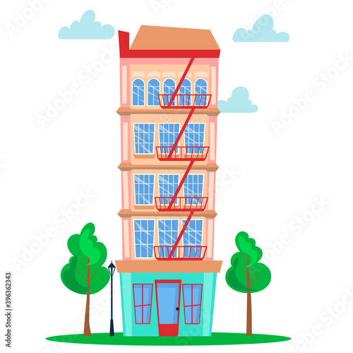 Multi-storey building. Skyscraper. Flat cartoon style vector illustration.
