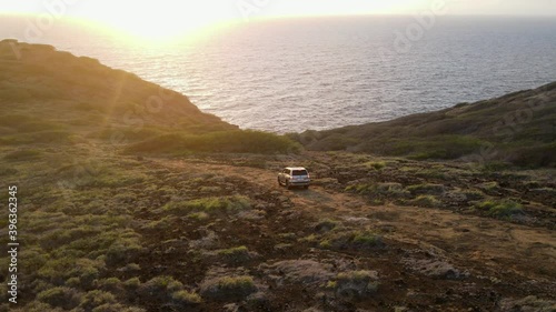 Drone Rotate 360 Shot of Offraoding SUV at Sunrise Hawaii