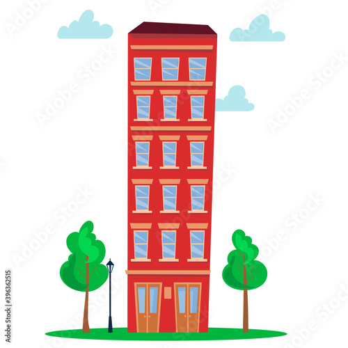 Multi-storey building. Skyscraper. Flat cartoon style vector illustration.
