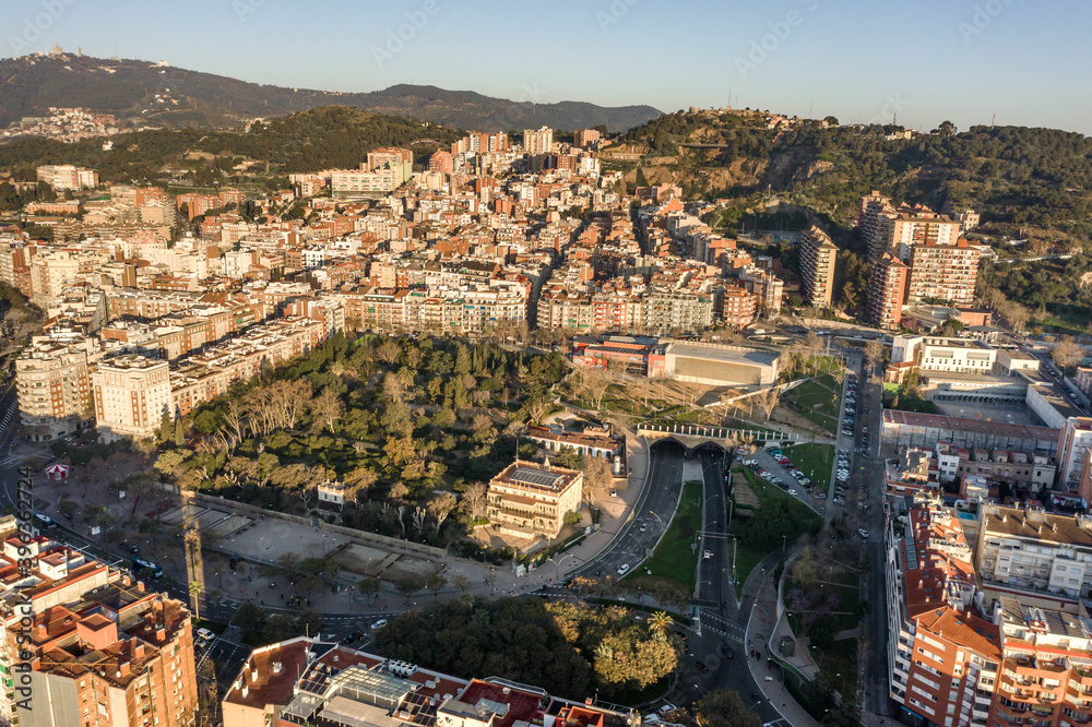 Aerial drone photo of parc de les Aigues in Barcelona in morning