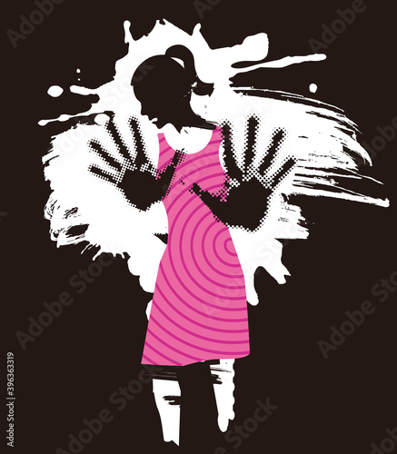 Abused young woman, fear of violence. 
Grunge stylized woman silhuette with arms in defensive position. Vector available