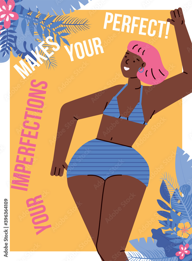 Body positive card or poster design with oversized black ethnicity woman  and motivational slogan, cartoon vector illustration. Body imperfection  acceptance. Stock Vector | Adobe Stock