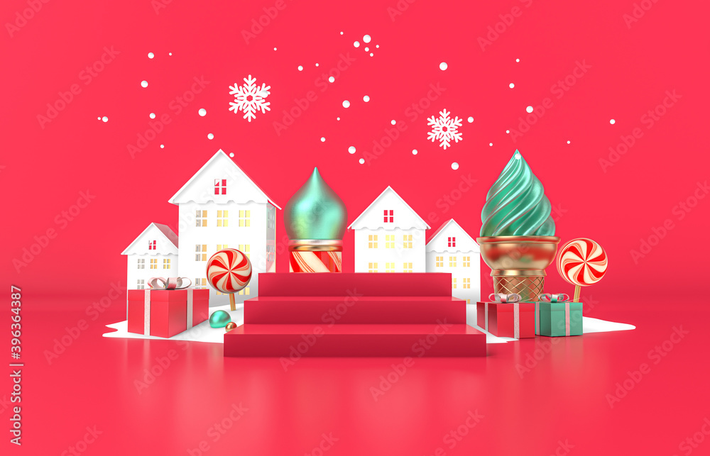 Fototapeta premium Red Christmas podium background with Christmas tree. 3d render.