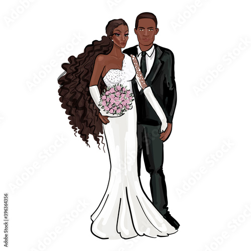 African American just married couple, bride and groom, vector illustration isolated on white background. Black bride and groom in fashionable clothing getting married