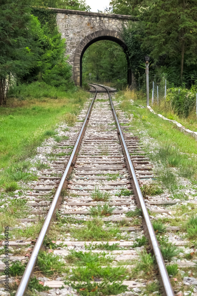 Fototapeta premium erspective of train track in parallel, with arched stone bridge in the background and trees on the side, commune of Touët-sur-Var, Provence-Alpes-Côte d'Azur region, Alpes-Maritimes department, Franc