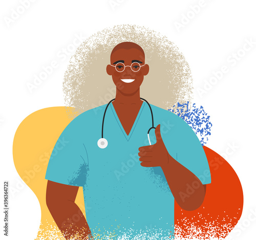 Happy black male doctor showing a thumb up gesture and smiling. Afro american professional surgeon in uniform with a stethoscope. Isolated flat vector illustration on a colorful abstract background