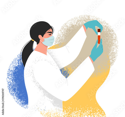 Medical research, science concept. Female doctor or nurse holding a glass test tube with a blood sample or liquid for analysis. Woman in face mask and gloves. Isolated flat vector illustration