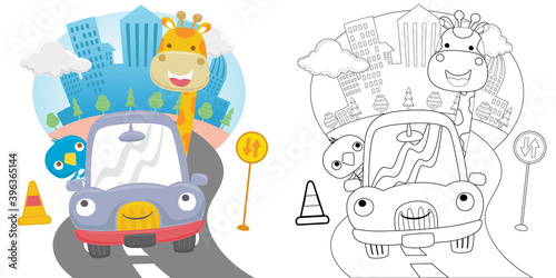 Cartoon of giraffe and bird on funny car in city road  coloring book or page