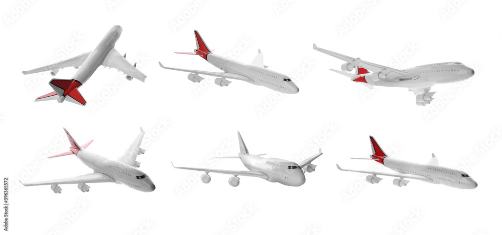 Set of toy airplanes isolated on white. Banner design Set of toy airplanes isolated on white. Banner design