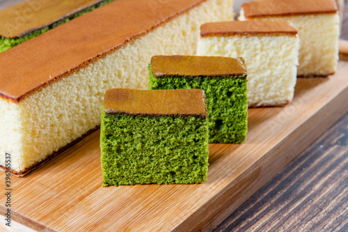 sponge cake with matcha and honey, japanese sweets, castella cake,  (Japanese sponge cake)