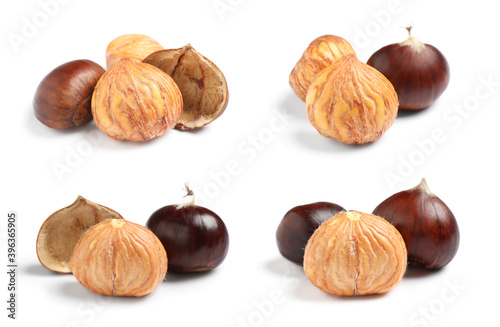 Set of sweet edible chestnuts on white background