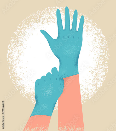 Putting on blue protective latex gloves on human hands. Coronavirus prevention concept., Protection against Covid-19, viruses and bacteria. Flat vector illustration isolated on abstract background