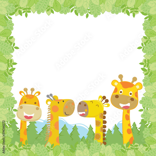 group of giraffe cartoon on leaves border frame