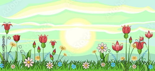 Blooming meadow with grass and flowers. Sky. The sun is on the horizon. Scenery. Cartoon style. Romantic fabulous illustration. Beautiful natural view. Wild plant nature. Rural scene. Vector