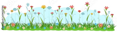 Blooming meadow with grass and flowers. Sky. Cartoon just style. Isolated on white background. Romantic fabulous illustration. Vector