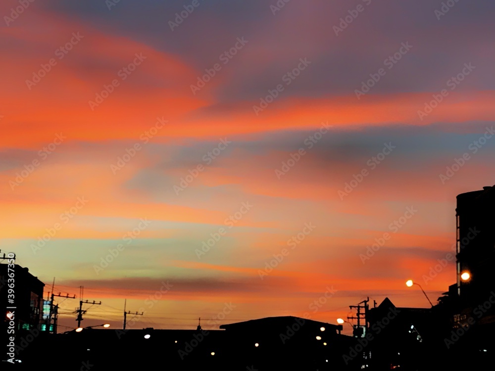Blurred background,Orange sky and clouds in the evening