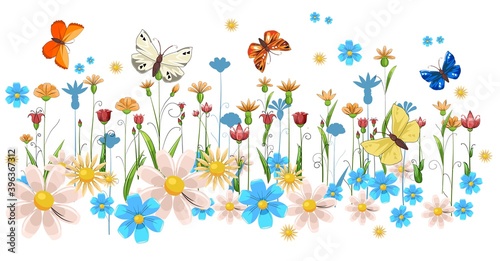 Blooming meadow with grass and flowers. Scenery. Cartoon style. Romantic fabulous illustration. Isolated on white background. Beautiful natural view. Wild plant nature. Rural scene. Vector