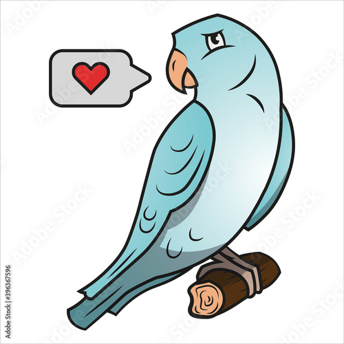 simple vector eps illustration icon of a blue and white parrot with heart sign on branch on white background isolated